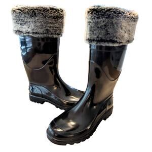 Tommy Hilfiger Womens Matty Tall Rain Boots w Faux Fur Cuff Sz 9 Black Rain Glam